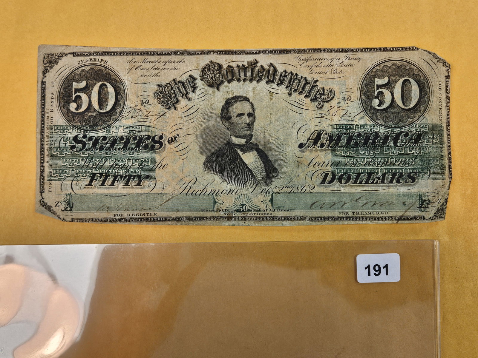 1862 Confederate States of America Fifty Dollars: Still has strong, nice, green color