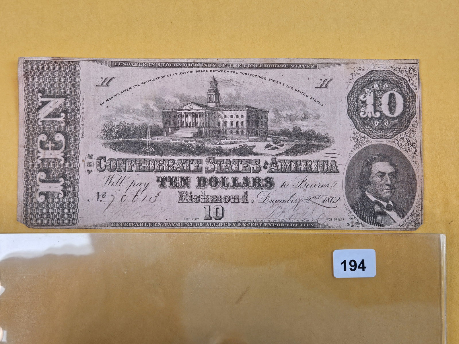 1862 Confederate States of America Ten Dollars (1 of 2)