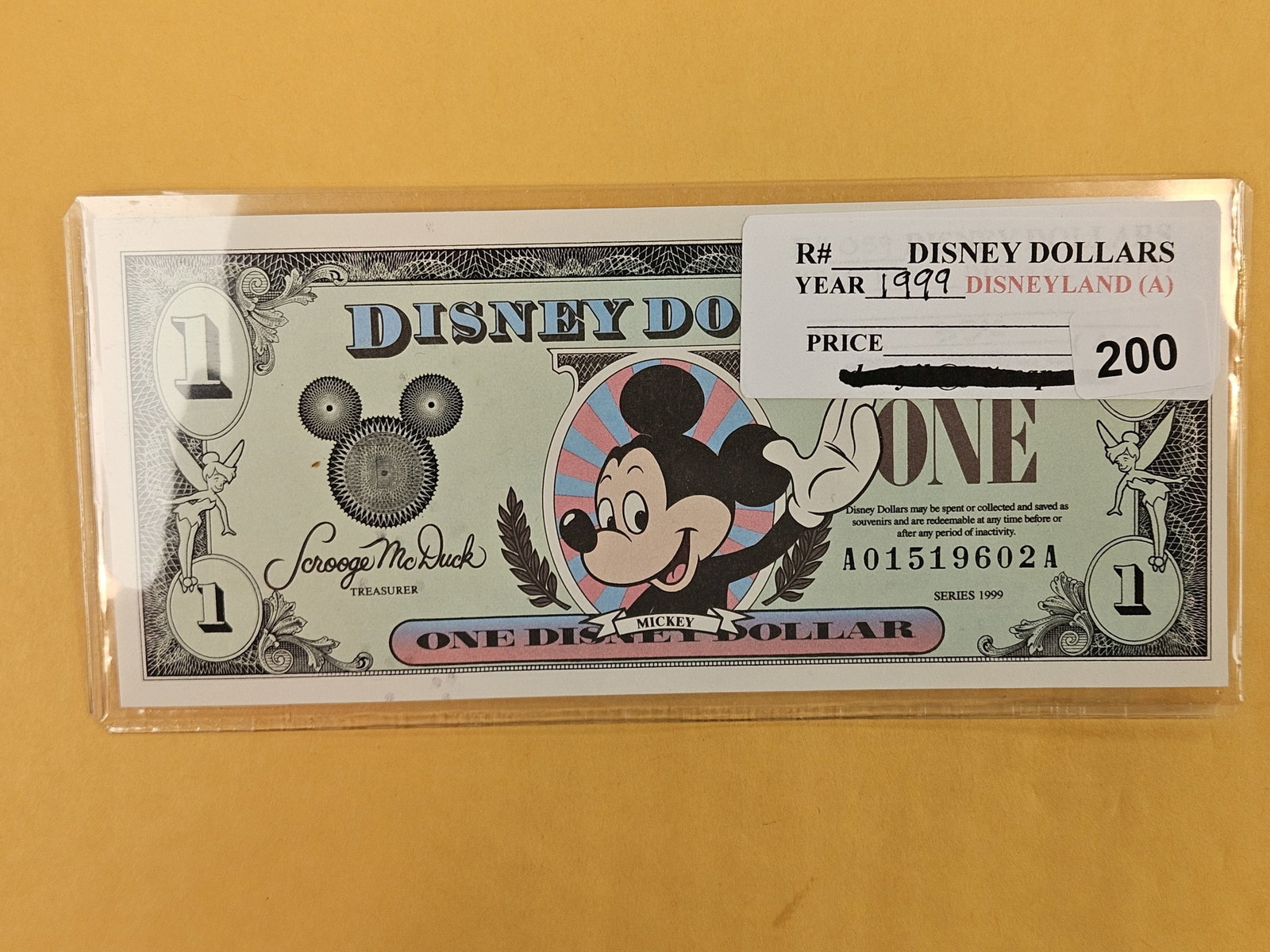 DISNEY DOLLAR! Crisp Uncirculated One Disney Dollar: 1999-A. Last of this design