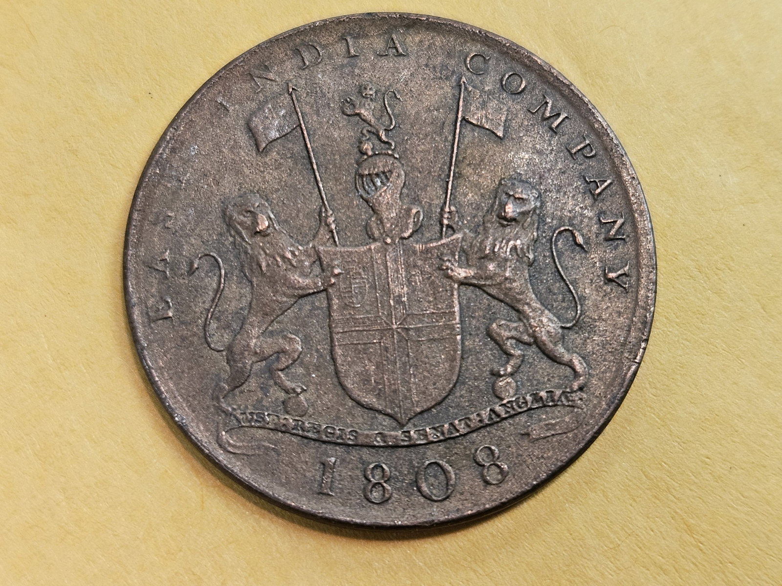 1808 East India Company 10 cash in AU-UNC condition: Looks Uncirculated! One of the few I've seen that are not from the Admiral Gardner shipwreck. Or, at least, don't look like it