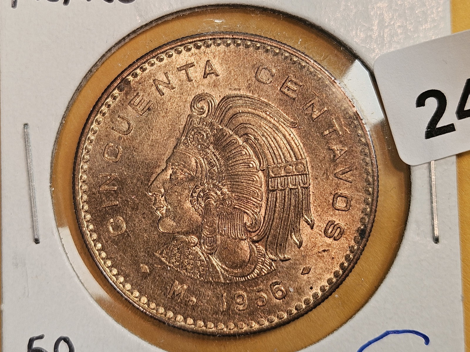 Very Choice Brilliant Uncirculated 1956 Mexico 50 centavos: Mostly bright red