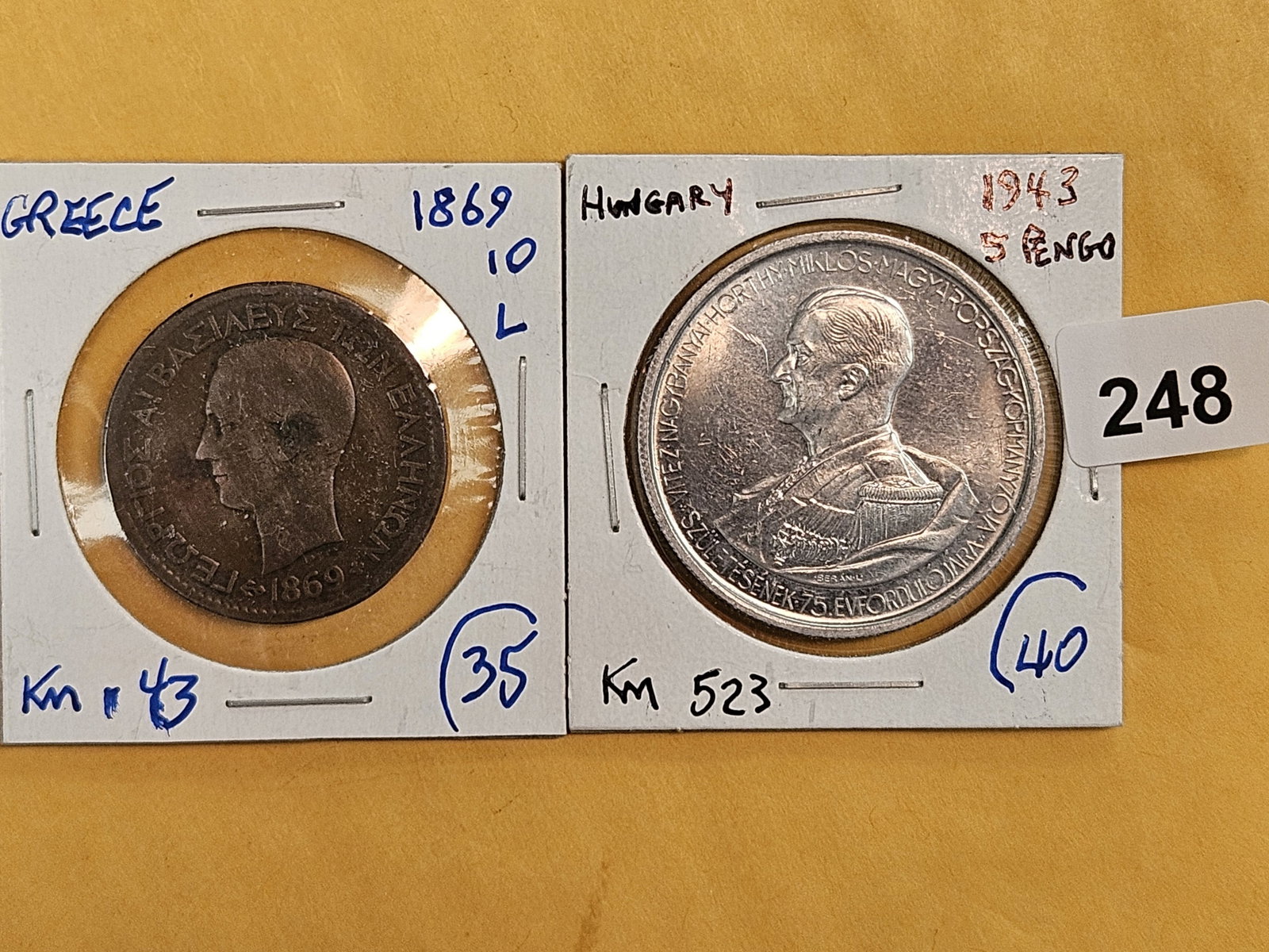 Greek and Hungarian coins: 1869 Greece 10 lepta and 1943 Hungary 5 pengo