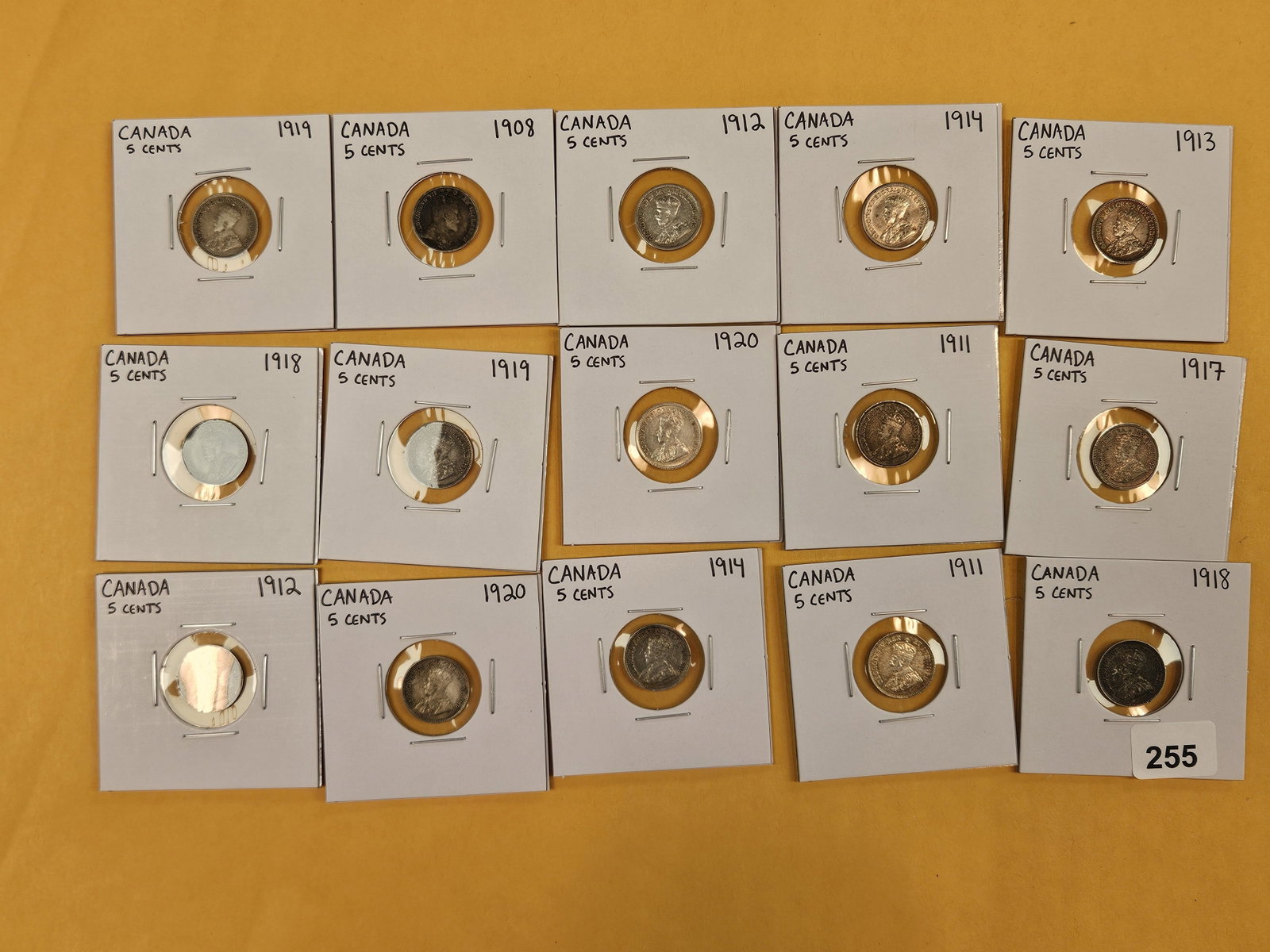 Fifteen mixed silver Canadian coins: All 5 cent coins
