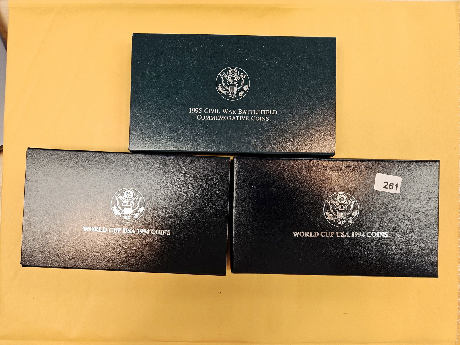 Three mixed Silver Proof and BU US Commemorative coin Sets in OGP: Includes 3 Silver Dollars