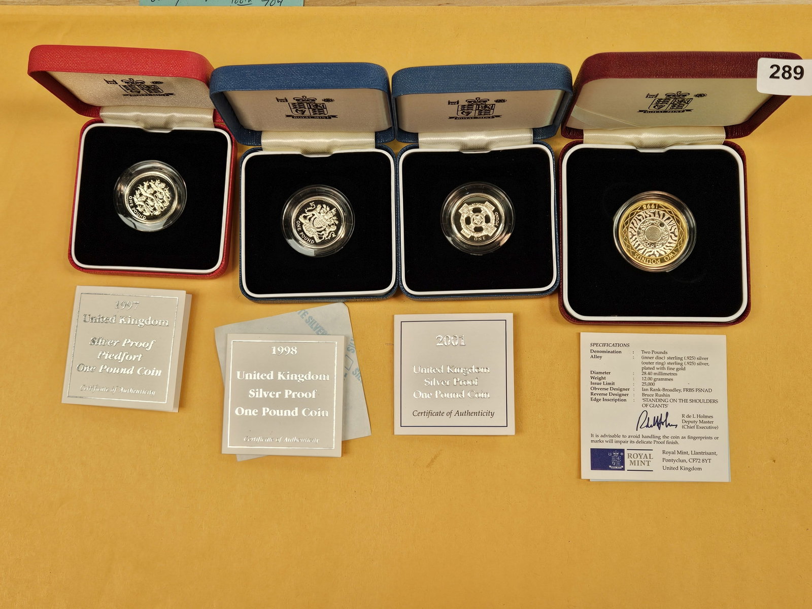 Four United Kingdom SILVER Proof Piedfort Coins: All in OGP with COAs. One plated in fine gold
