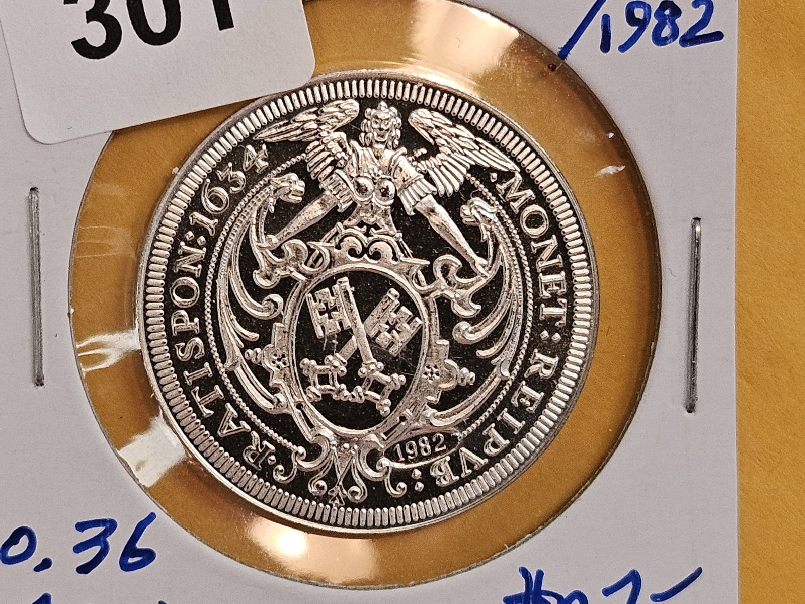 Gorgeous 1634-1982 Silver Proof Deep Cameo Restrike: Restrike of a 1634 Regensburg 1/4 thaler