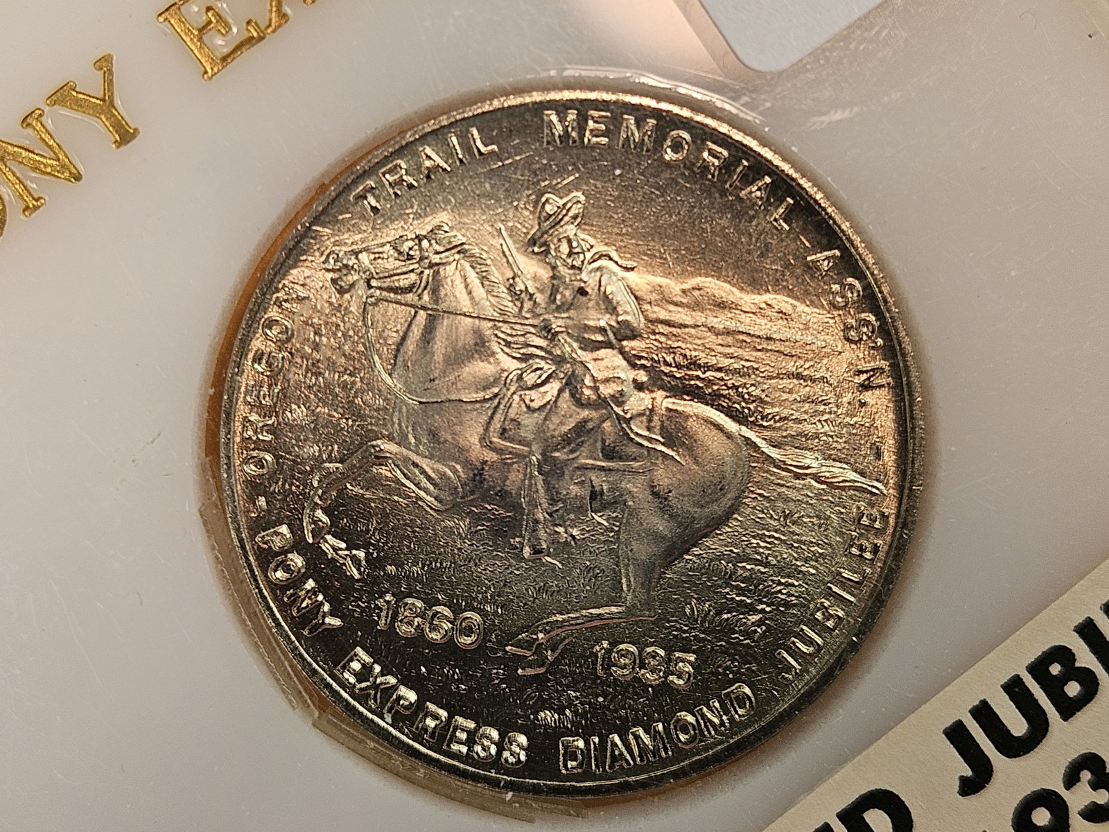 Superb GEM! 1935 Pony Express So-Called Half Dollar: Diamond Jubilee. Lightly toned. In capital plastics holder