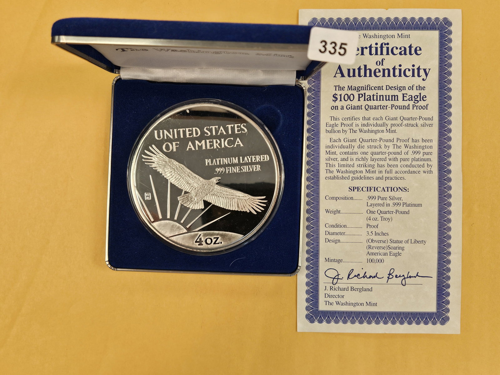 HUGE Four Troy ounce .999 fine silver Proof art round: Platinum-layered. In original box and case with COA