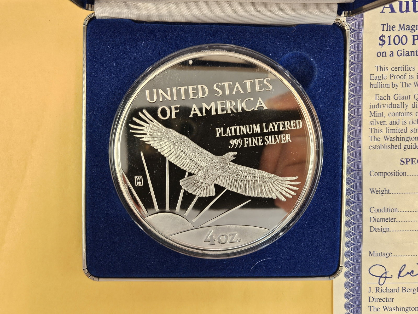 HUGE Four Troy ounce .999 fine silver Proof art round - 2