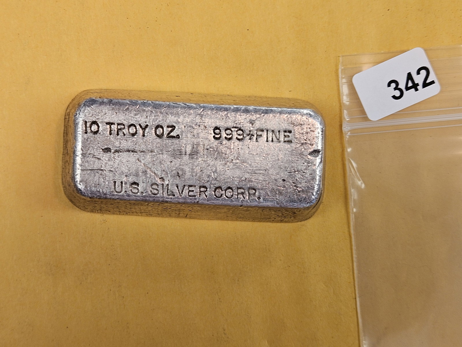 TEN TROY OUNCE .999 fine silver bar: US Silver Corp. Older, vintage, silver bar