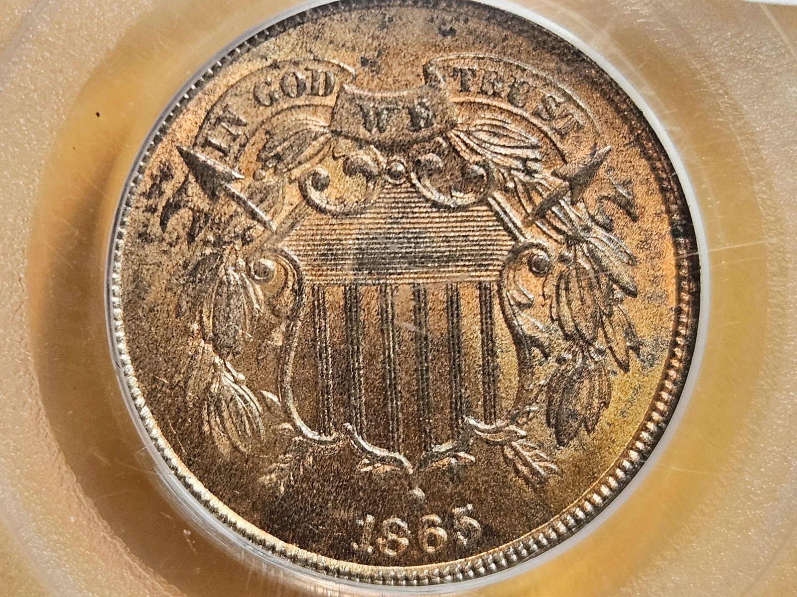 VARIETY! PCGS 1865 Two Cent piece in Mint State 64 Red-Brown: Not attributed by PCGS because no one paid for it. Looks exactly like Fivaz-Stanton Doubled DIe Obverse FS-102. Plain 5. Diagnostics: Doubling is visible on TRUST and the right side of the wreath and