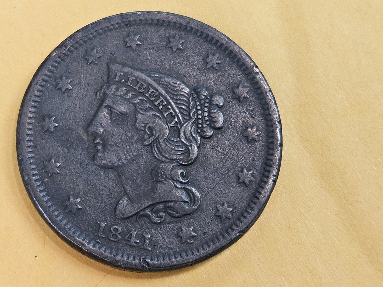 1841 Braided Hair large cent in Extra Fine plus: Small date version
