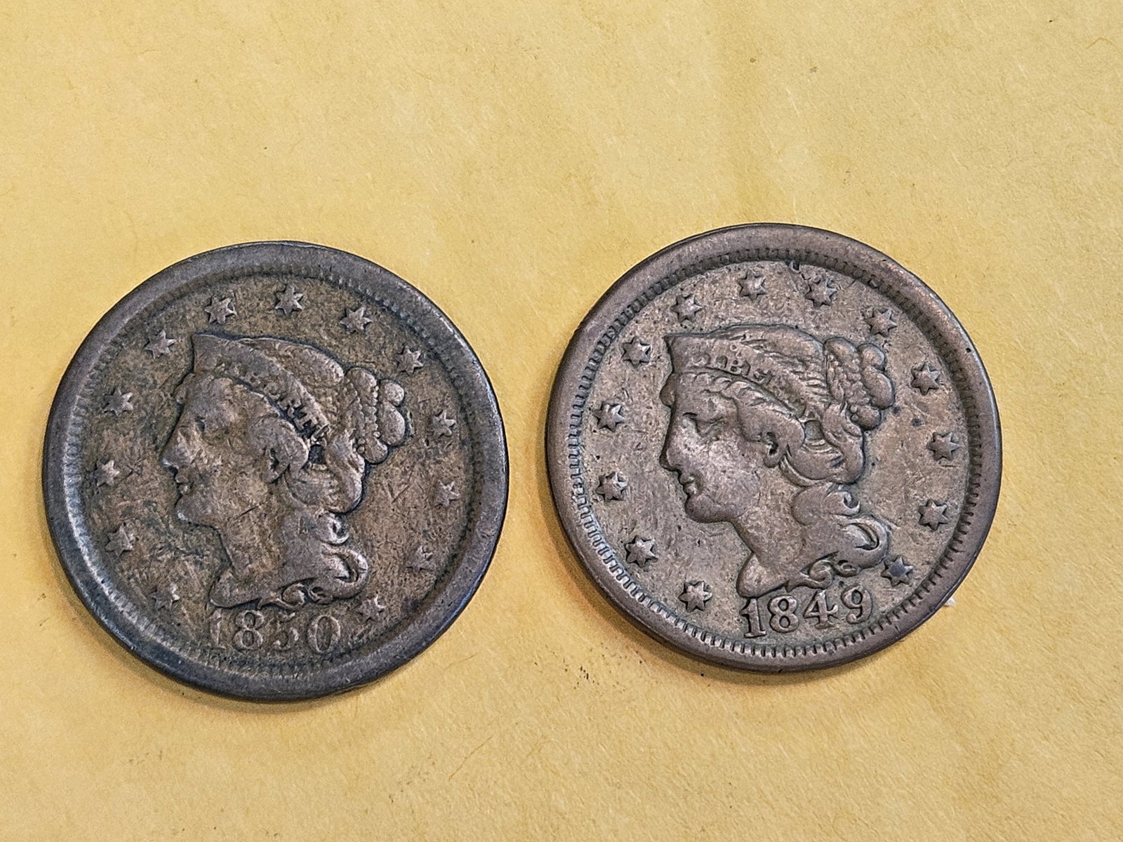 1849 and 1850 Braided Hair Large cents: Both in Very Good