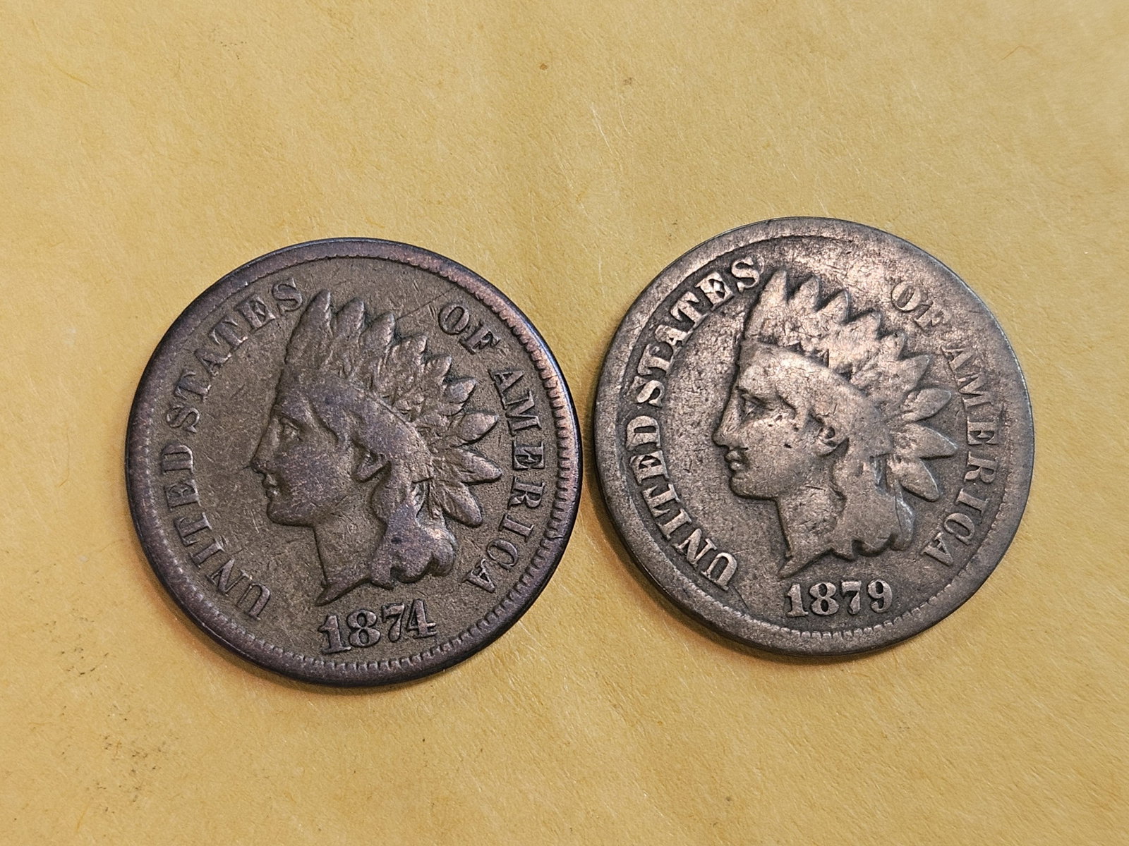 Two better date Indian Cents in Very Good: 1874 and 1879