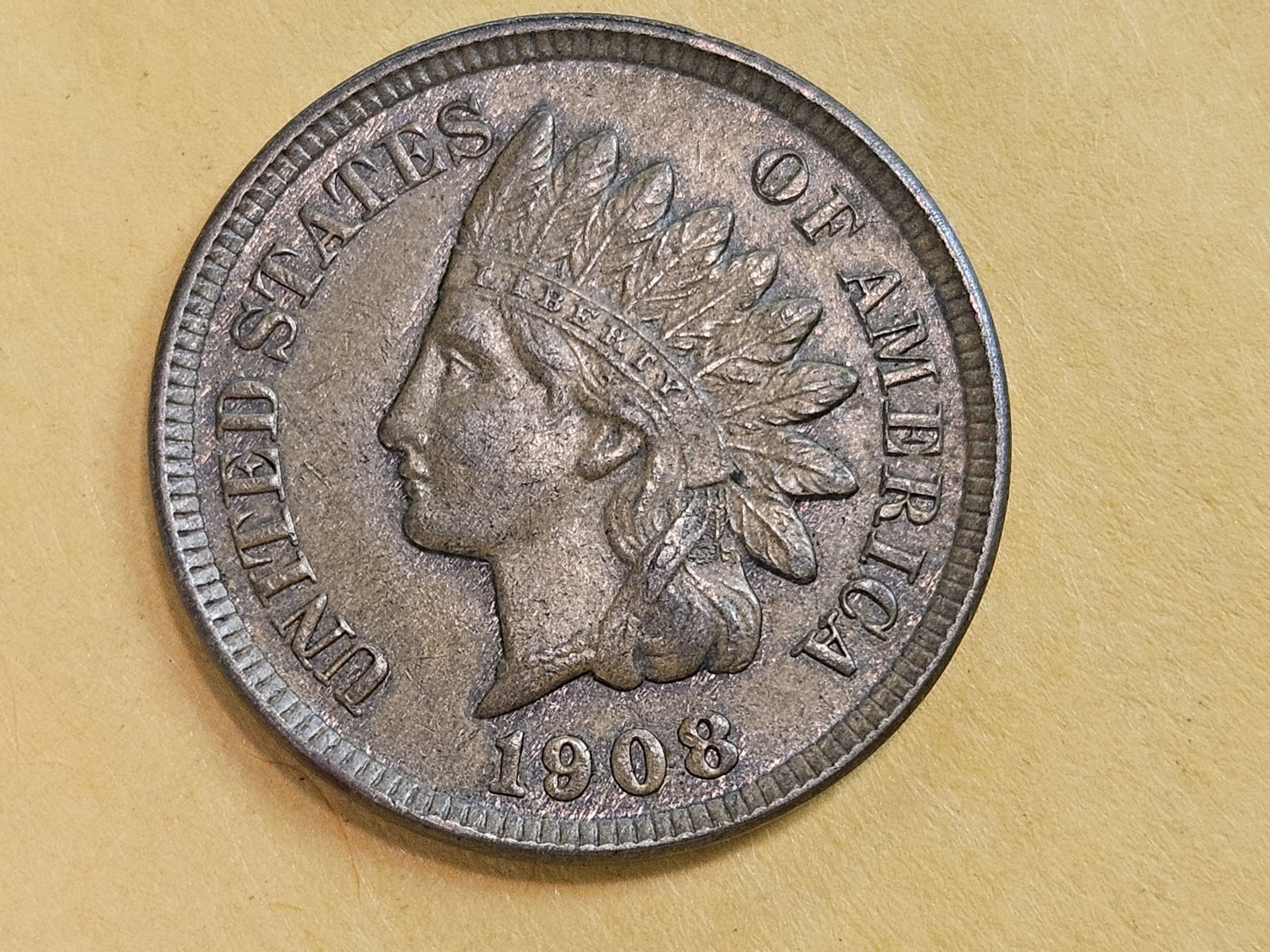 Choice Brown Uncirculated 1908 Indian Cent: Next to last year issue