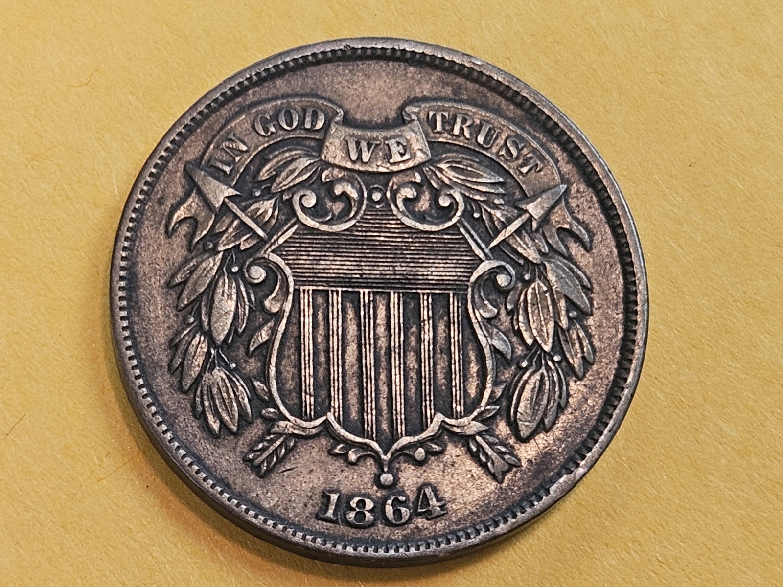 Nice About Uncirculated plus 1864 Two Cent piece: First year issue