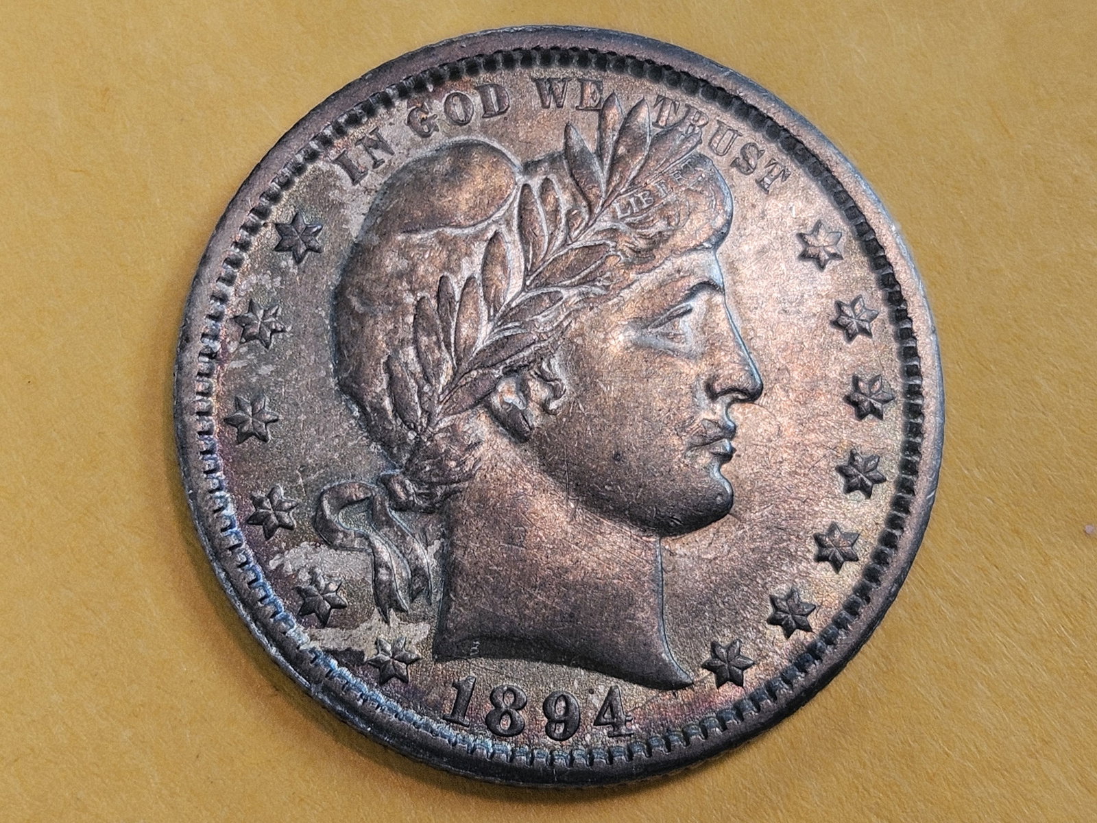 * Nicer! 1894-O Barber Quarter in About Uncirculated - 55: Near uncirculated! Mottled toning
