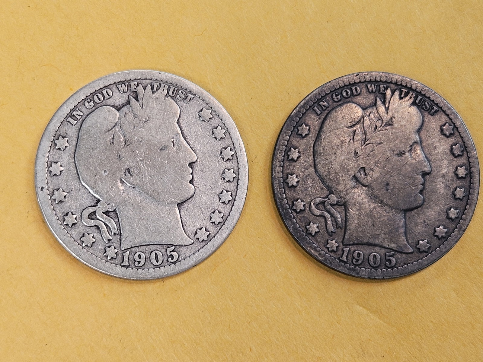 1905 and 1905-S Barber silver quarters: Both in Very Good