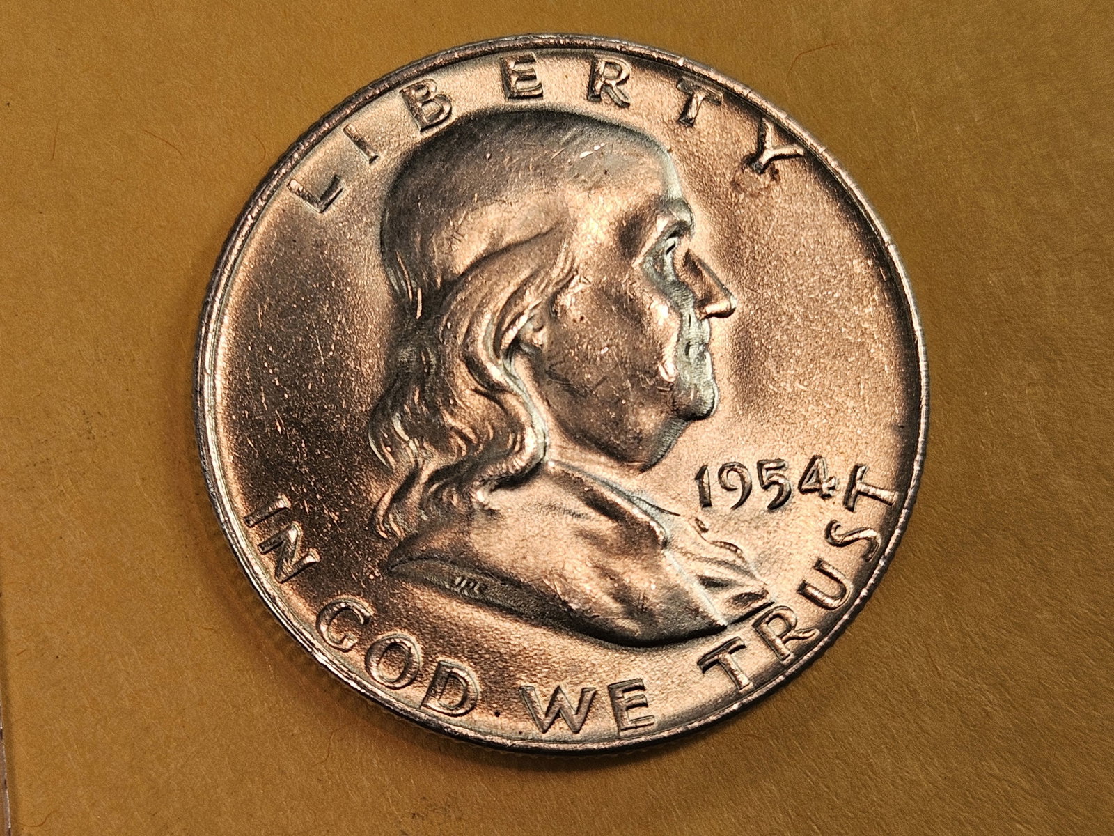 Choice Brilliant Uncirculated 1954-D Franklin Half Dollar FBL: Full Bell Lines