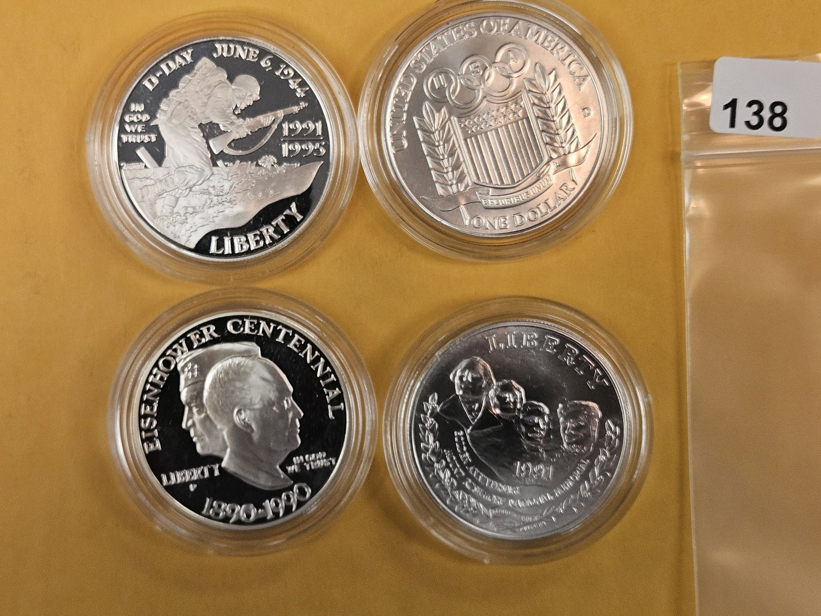Four GEM Commemorative Silver Dollars: Proof and BU. In original plastic holders