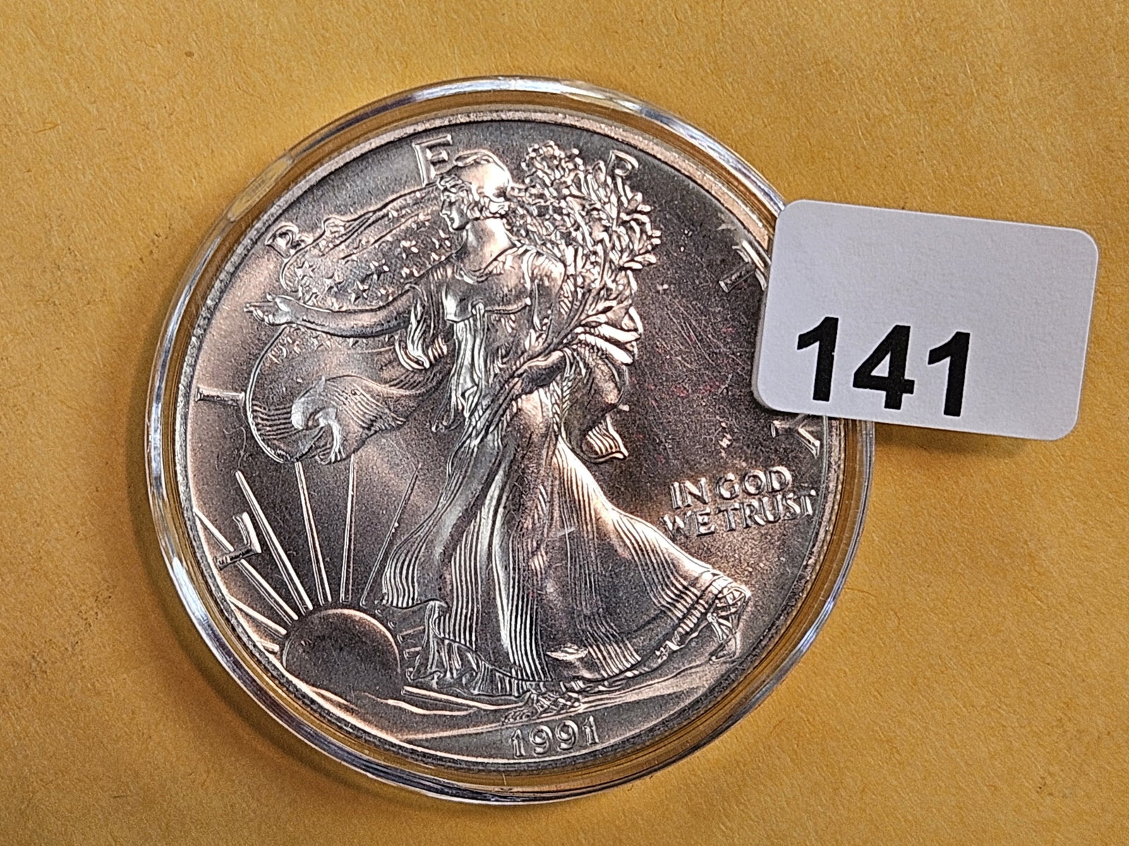 GEM Brilliant Uncirculated 1991 American Silver Eagle: In original plastic capsule
