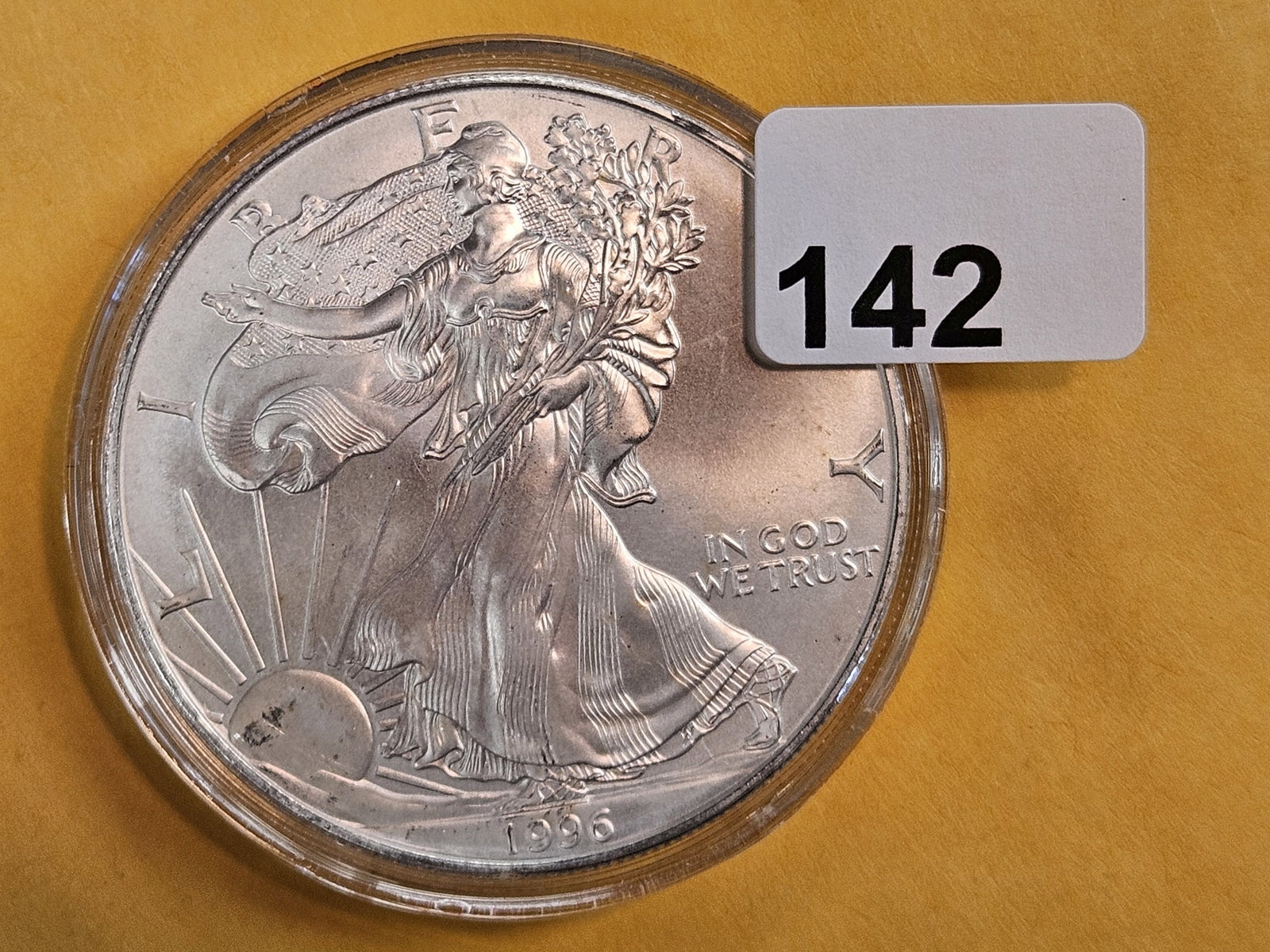 GEM Brilliant Uncirculated 1996 American Silver Eagle: In original plastic capsule