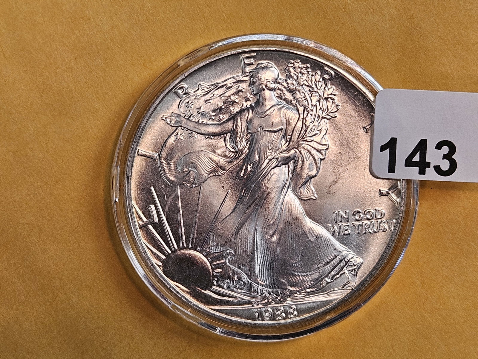 GEM Brilliant Uncirculated 1988 American Silver Eagle: In original plastic capsule