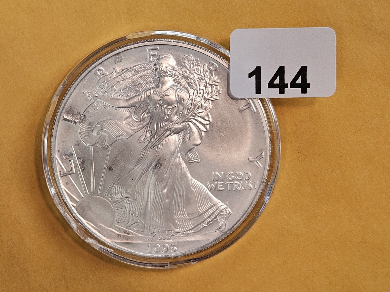 GEM Brilliant Uncirculated 1995 American Silver Eagle: In original plastic capsule
