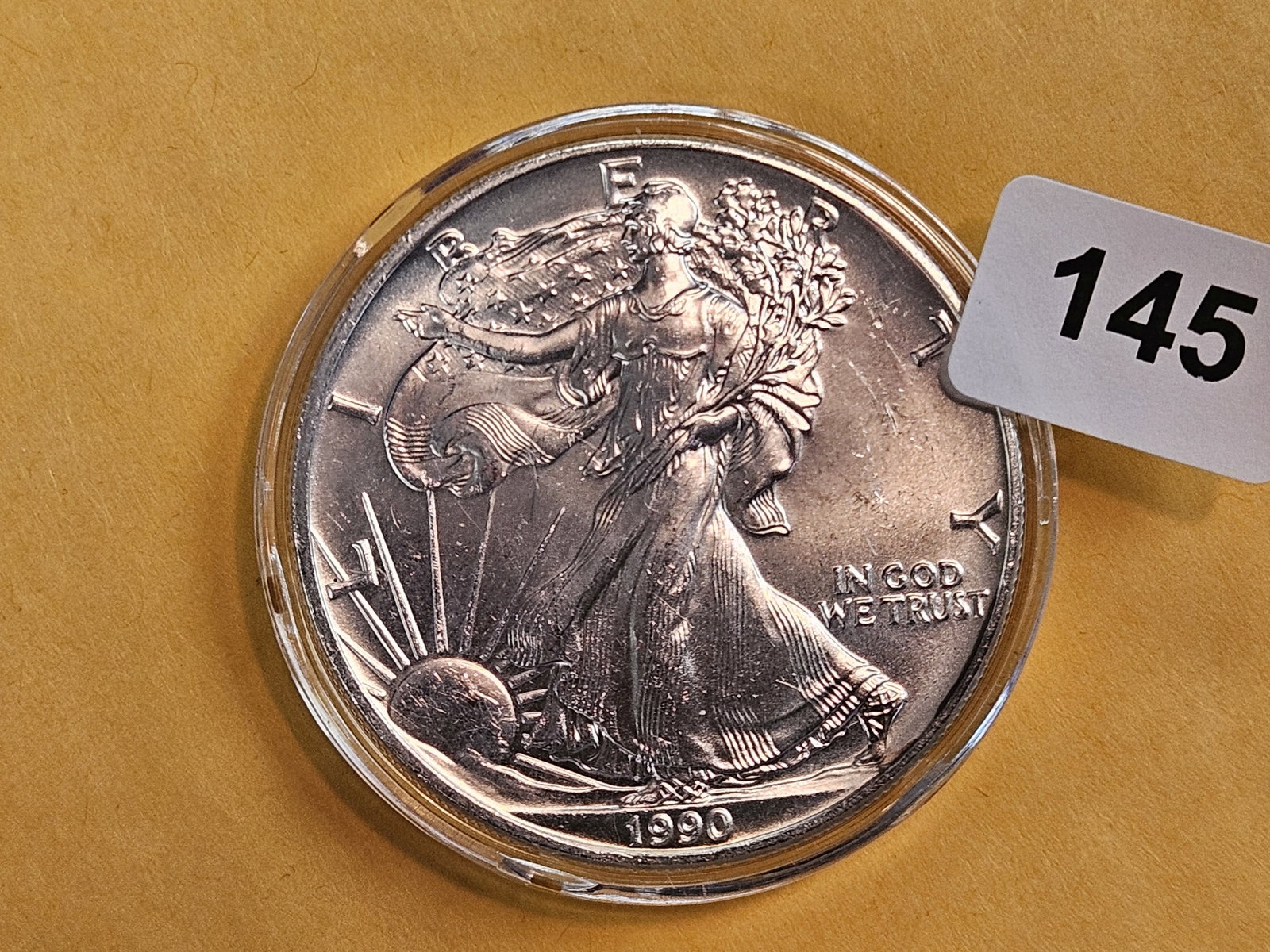 GEM Brilliant Uncirculated 1990 American Silver Eagle: In original plastic capsule
