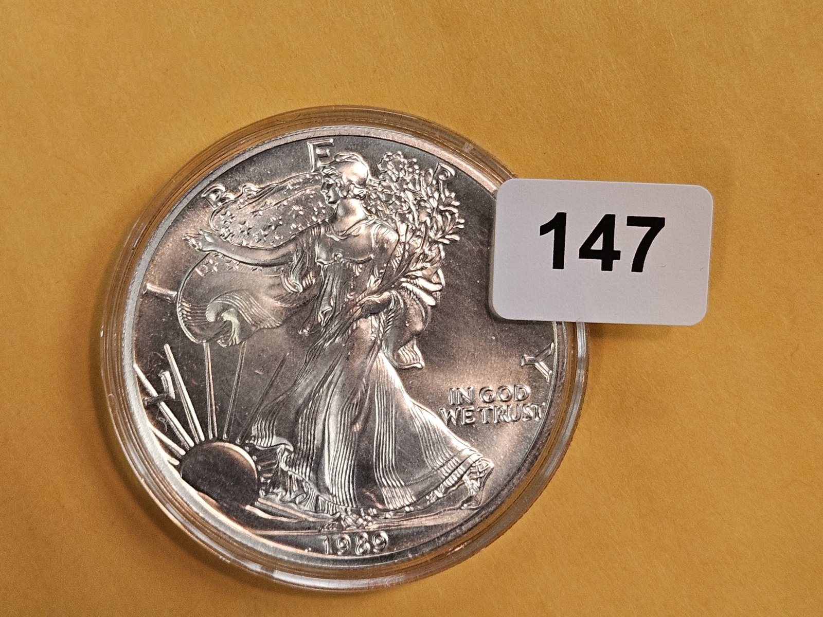 GEM Brilliant Uncirculated 1989 American Silver Eagle: In original plastic capsule