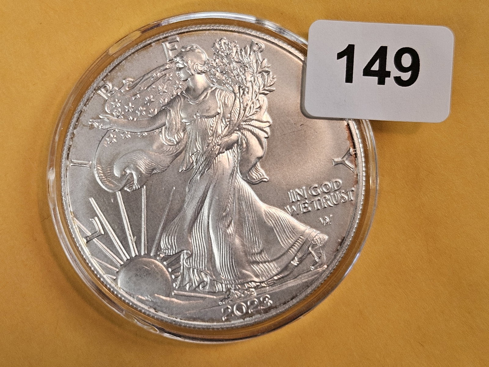 GEM Brilliant Uncirculated 2023 American Silver Eagle: In original plastic capsule