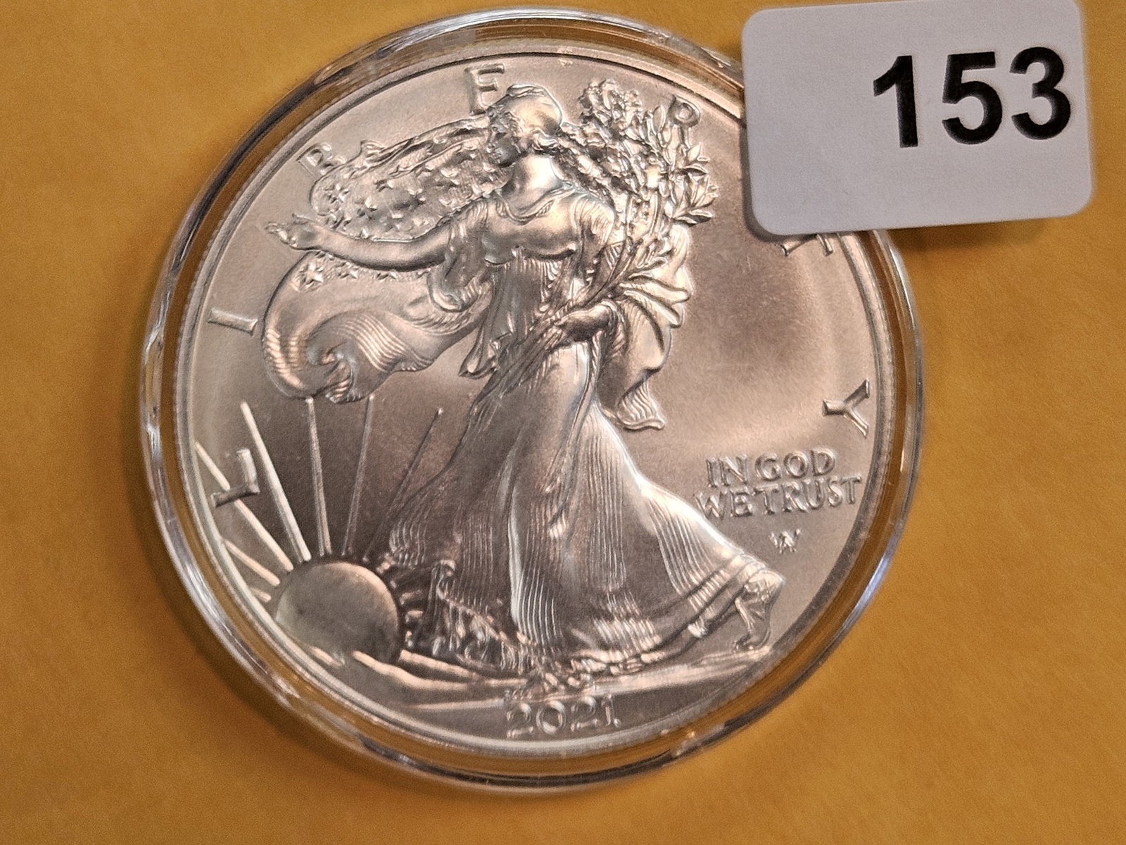 GEM Brilliant Uncirculated 2021 American Silver Eagle: In original plastic capsule
