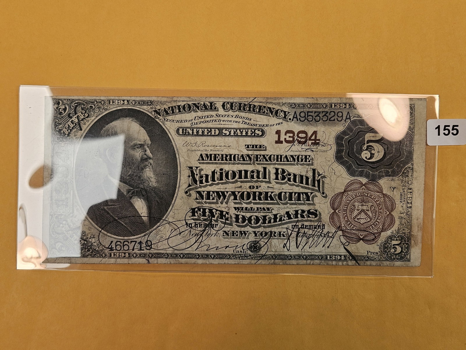 ** SCARCE ** Series of 1882 Large Size Five Dollar National Currency: The American Exchange National Bank of New York City. Looks in Fine plus to Very Fine condition. Note wholesales for around $800!