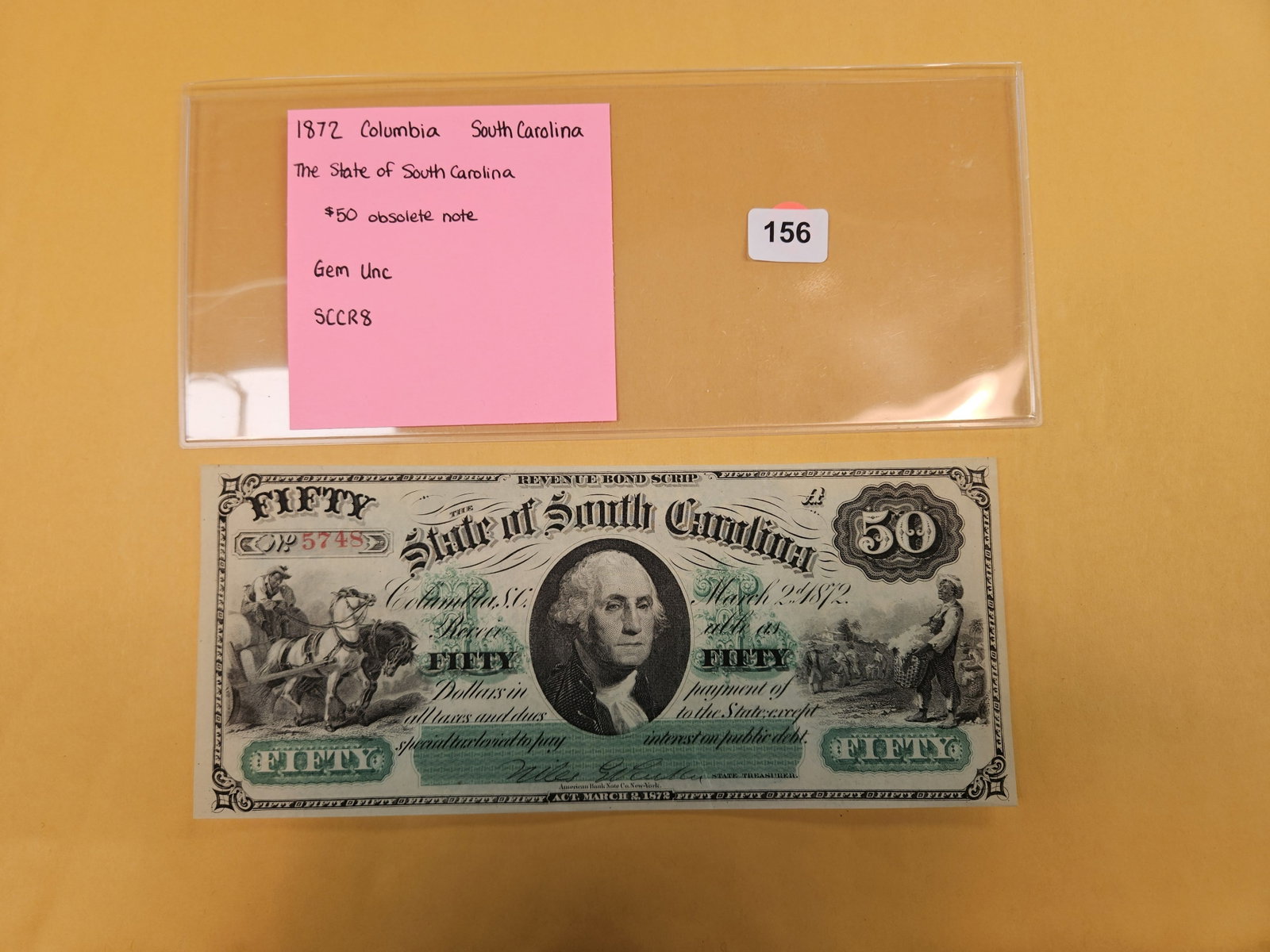 GEM Crisp Uncirculated 1872 Fifty Dollar obsolete Note: 1872 Columbia, South Carolina. State of South Carolina. SCCR8