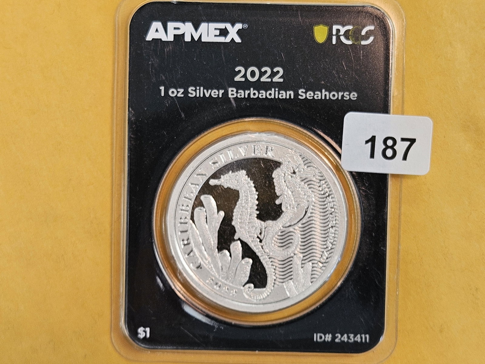 GEM 2022 Barbados silver Dollar: Sea Horse. In hard plastic APMEX holder