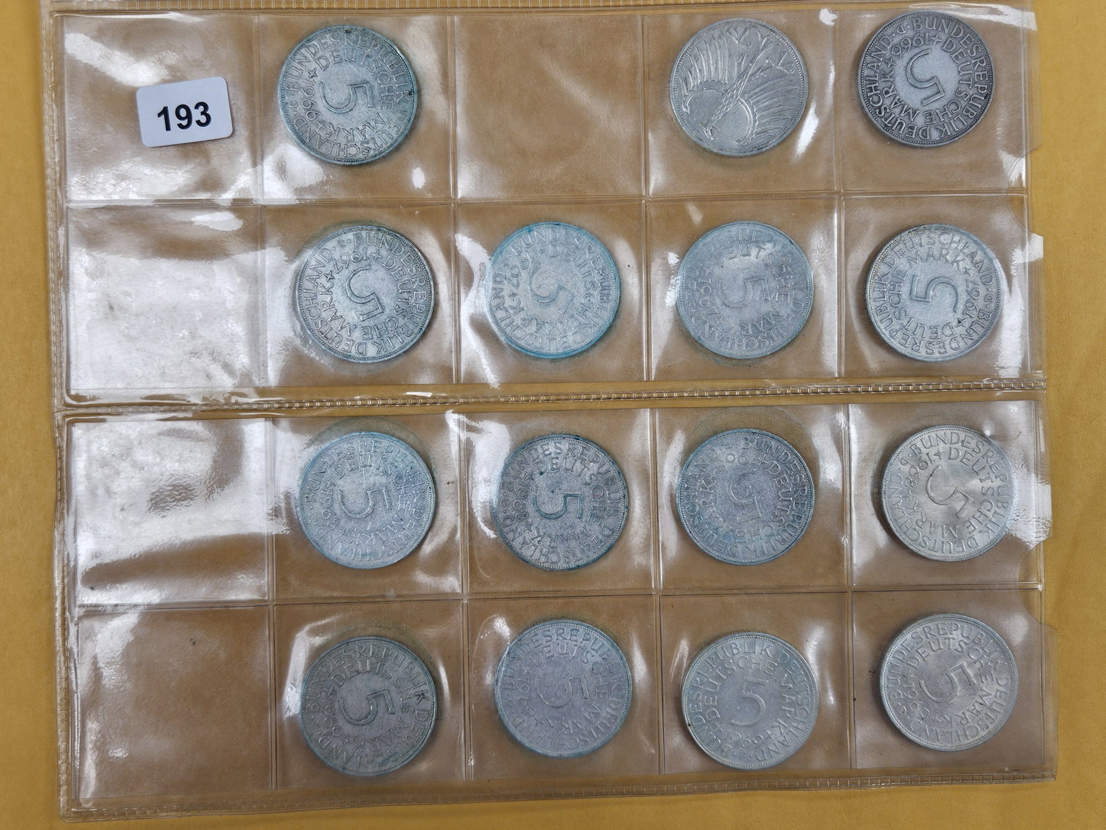 FIFTEEN Uncirculated Silver German 5 reichsmark coins: 1966 - 1969. All in PVC holders