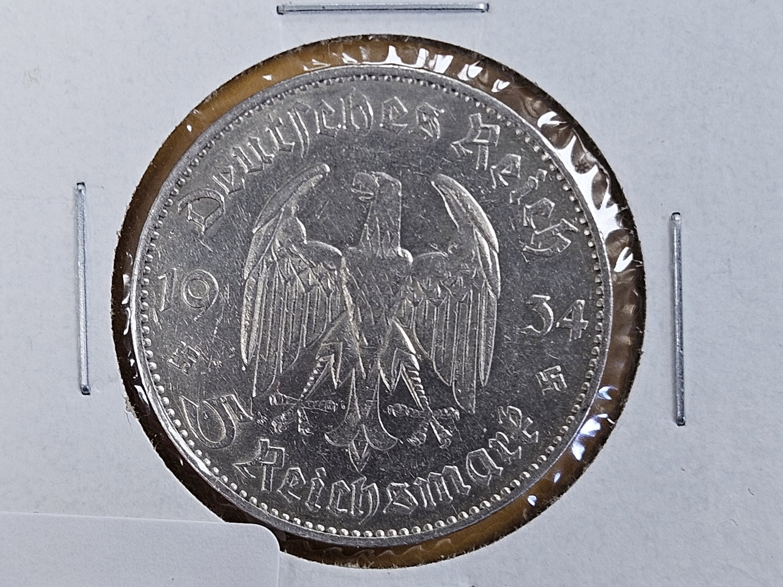 Brilliant 1934-J Silver German 5 reichsmark: Church reverse