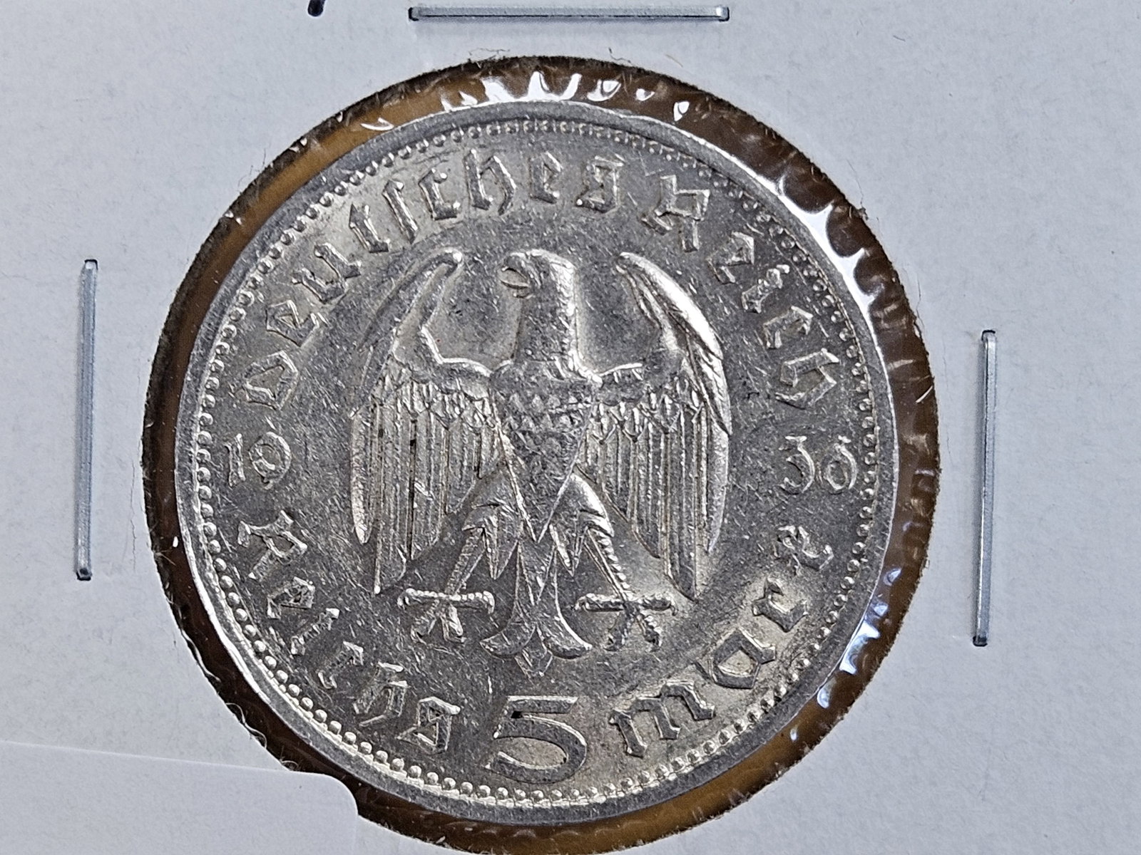 Brilliant About Uncirculated 1936-G German silver 5 reichsmark: Hindenburg