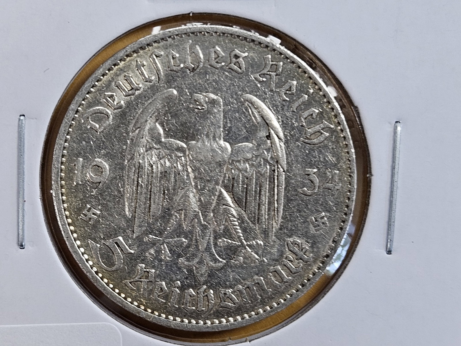 Brilliant 1934-F Silver German 5 reichsmark: Church reverse