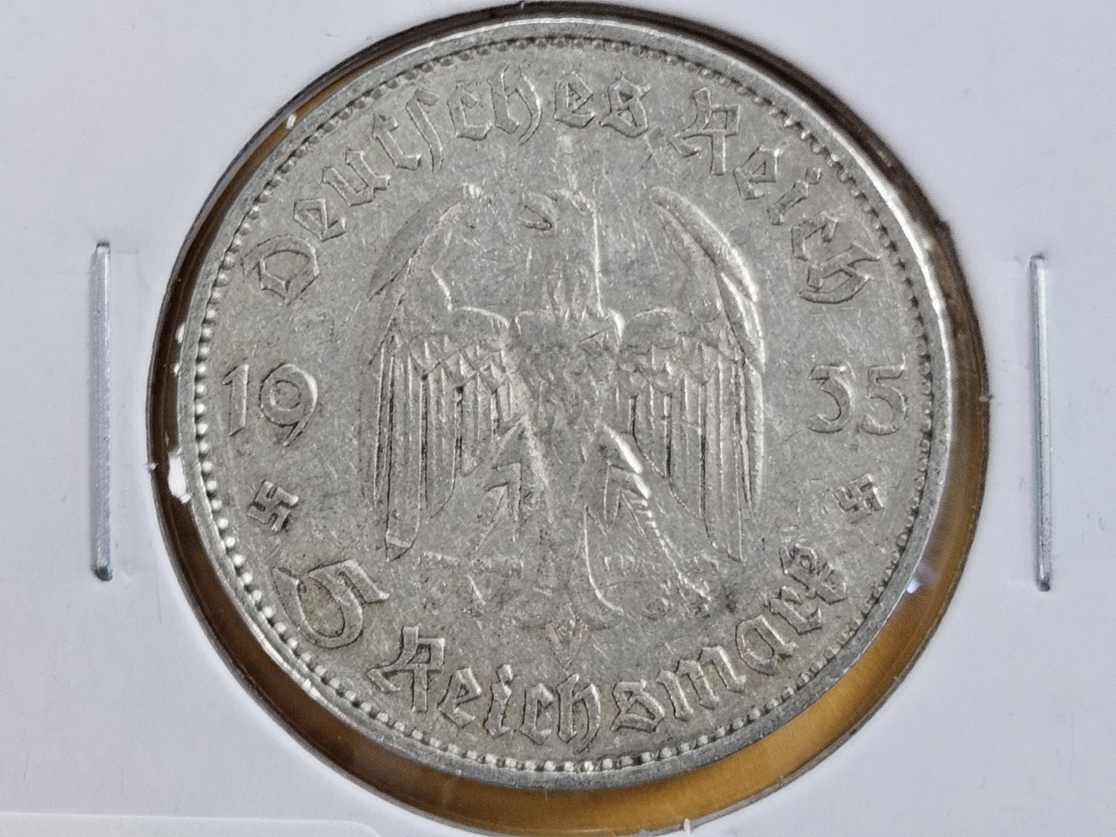 Bright 1935-G Silver German 5 reichsmark: Church reverse
