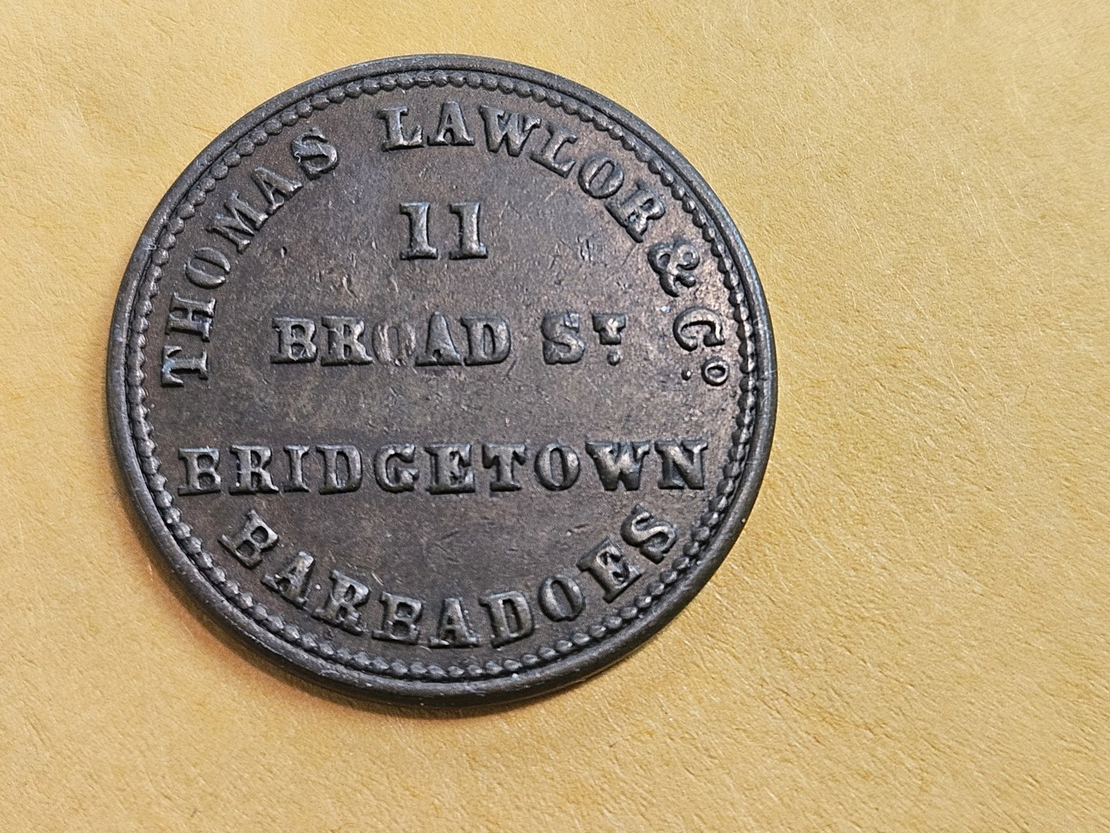 * Scarce! Uncirculated Thomas Lawlor Farthing Token: Bridgetown Barbados