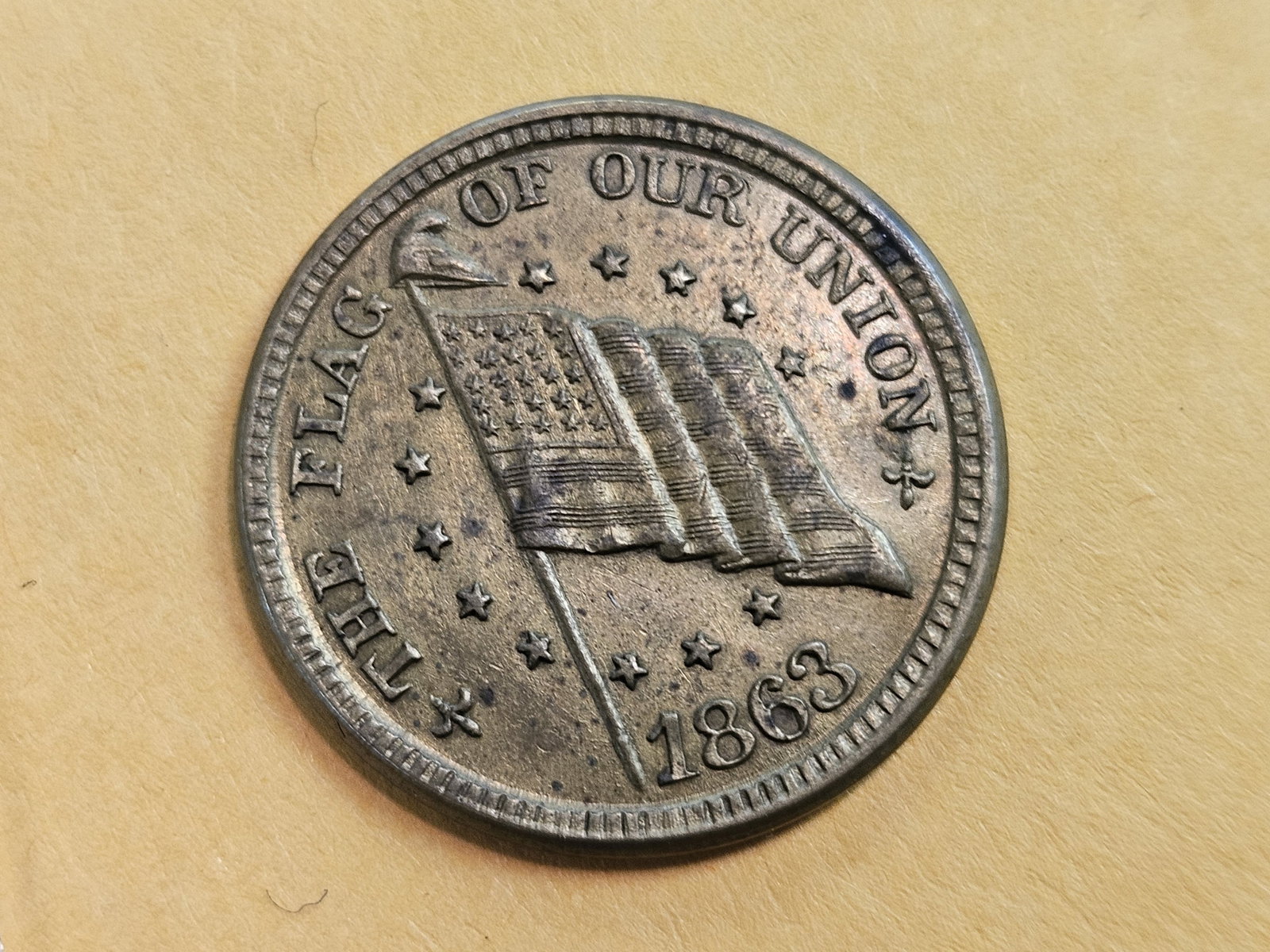 Choice About Uncirculated 1863 Civil War Token: Fuld 298A. Flag of our Union