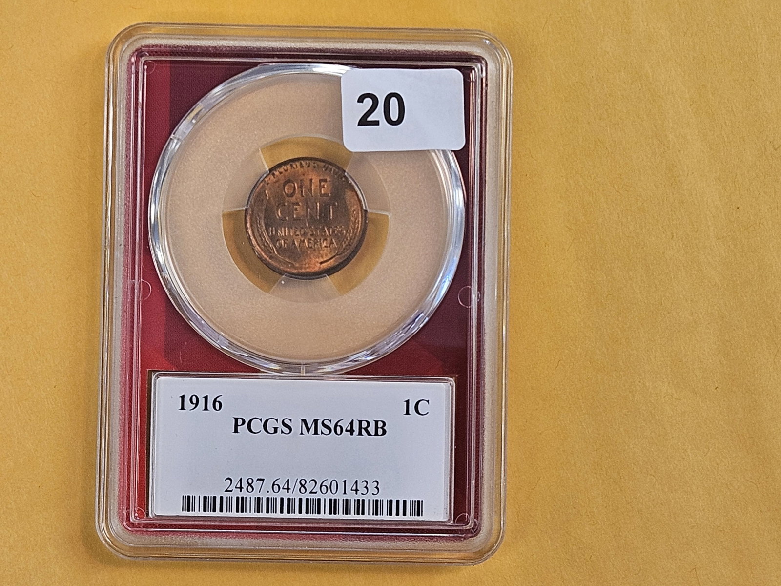 PCGS 1916 Wheat cent in Mint State 64 Red-Brown: In cool red holder