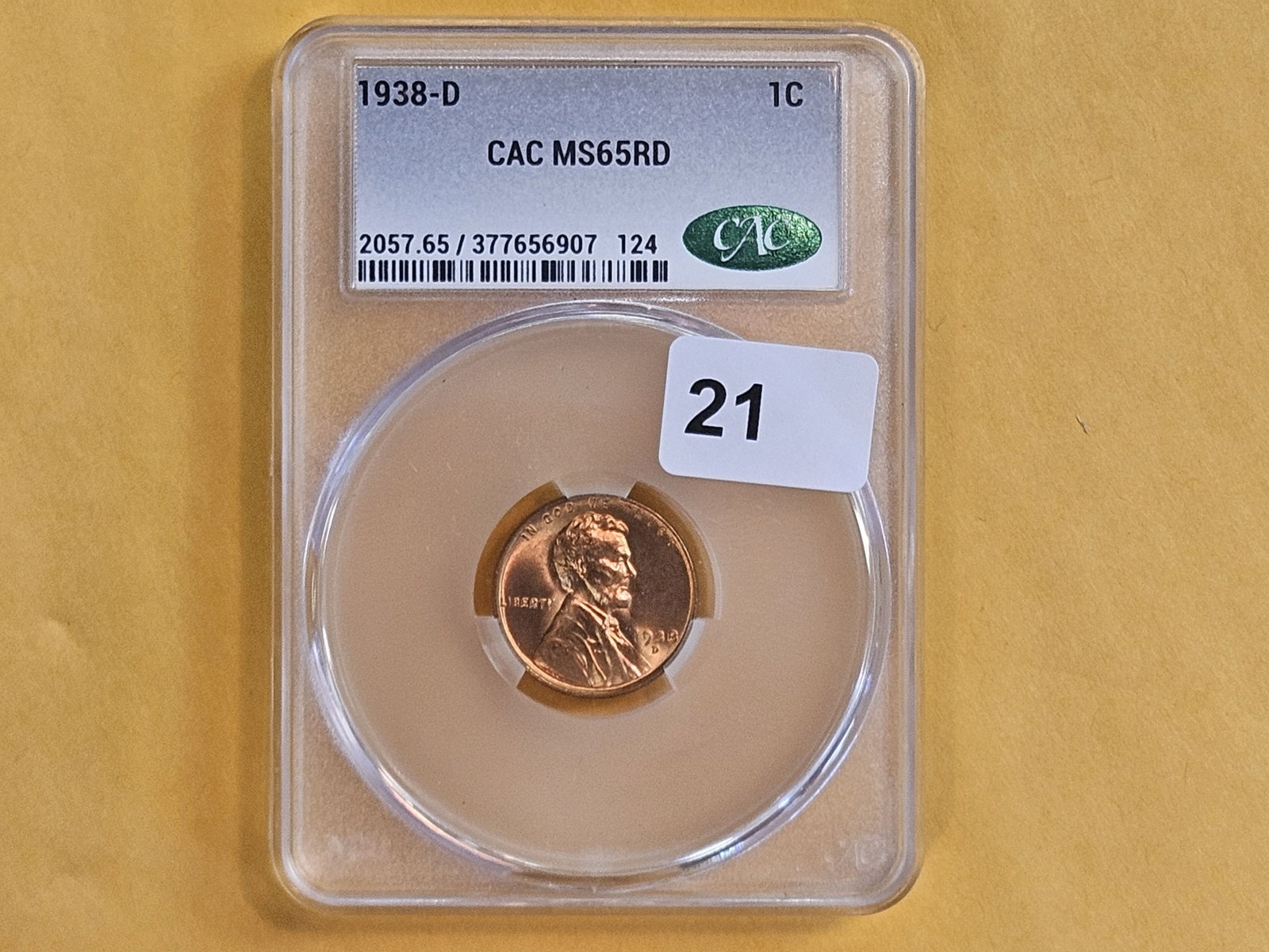 GEM! CACG 1938-D Wheat cent in Mint State 65 RED - 2