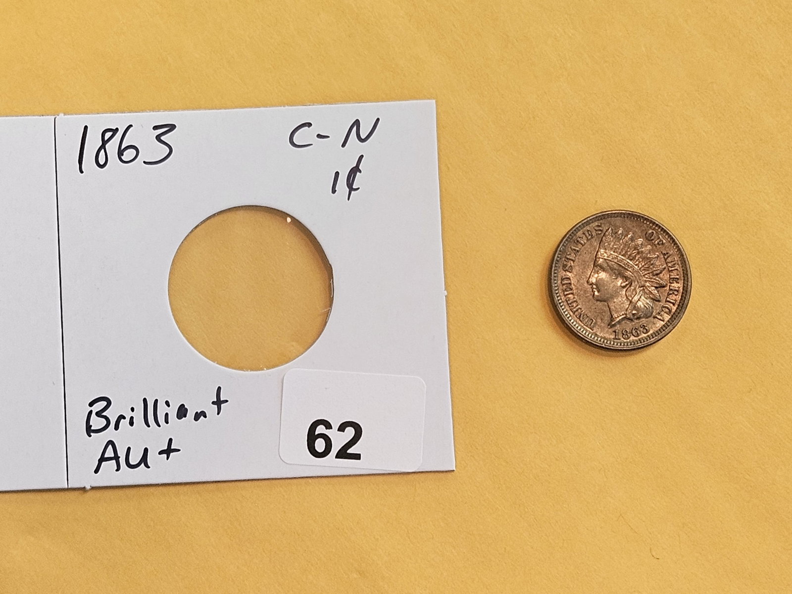 Brilliant About Uncirculated Plus 1863 Copper-Nickel Indian cent - 2