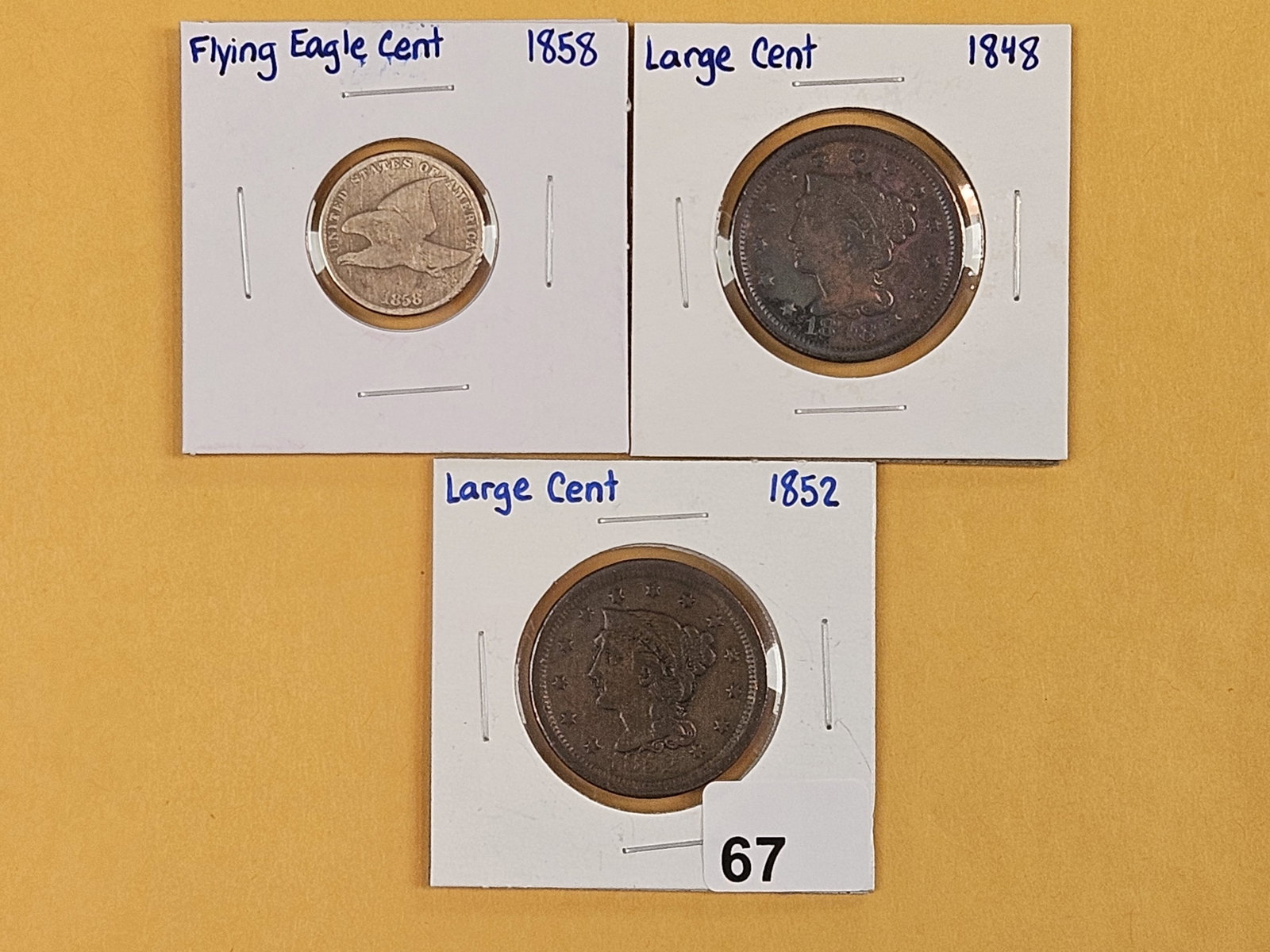 Three mixed Cents: 1858 Flying eagle and two Braided hair Large Cents