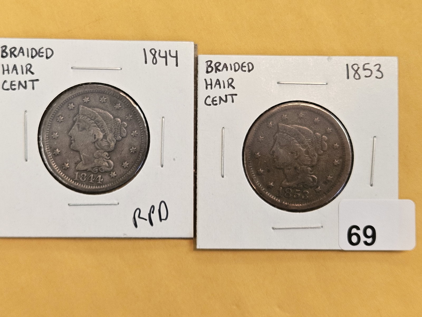 1844 and 1853 Braided hair Large Cents: Repunched Date in Very Fine - details and 1853 in Fine