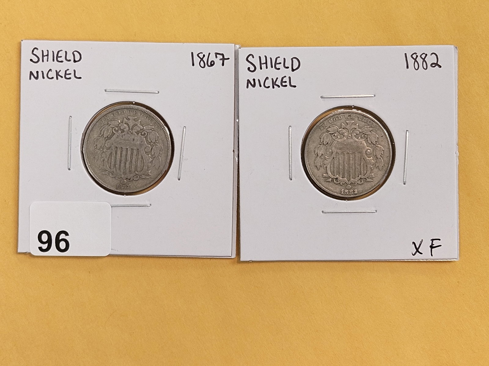 1867 and 1882 Shield Nickels: Lightly circulated
