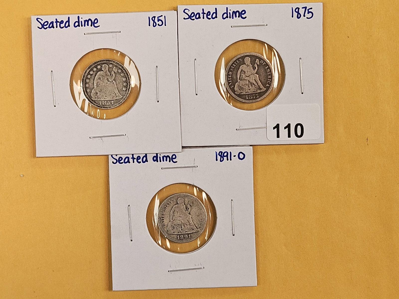 Three mixed Seated Liberty Silver Dimes: 1851, 1875 and 1891-O