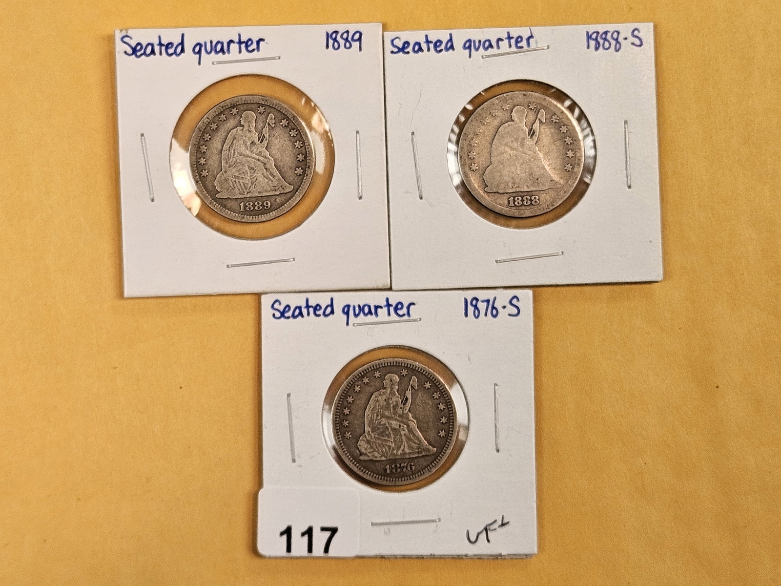 Three Seated Liberty silver Quarters: 1889, 1888-S and 1876-S
